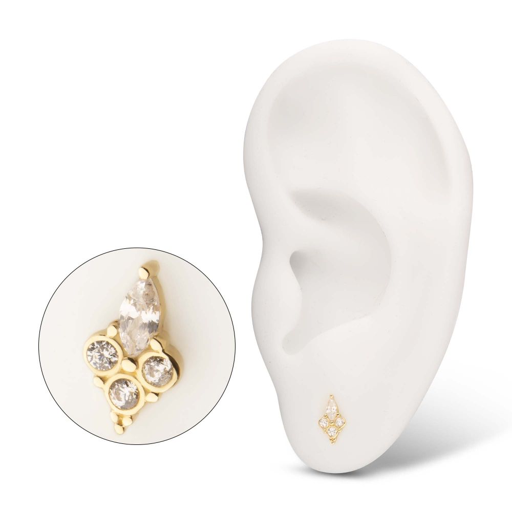 14Kt Gold Threadless Prong Set Marquise & Triple Round Gem Top