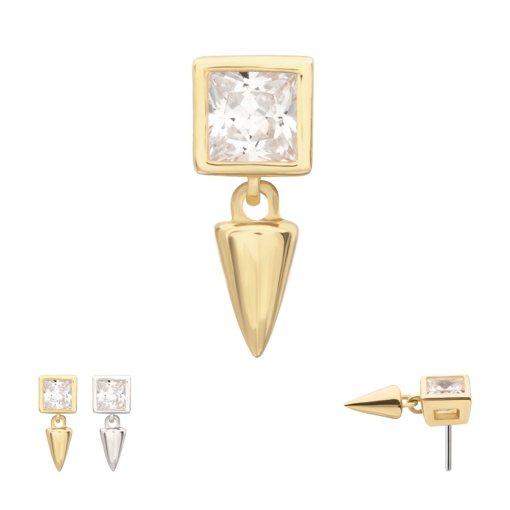 14Kt Gold Threadless Bezel Princess Cut Gem Top with Spike Dangle