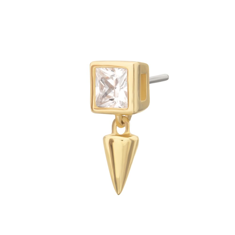 14Kt Gold Threadless Bezel Princess Cut Gem Top with Spike Dangle