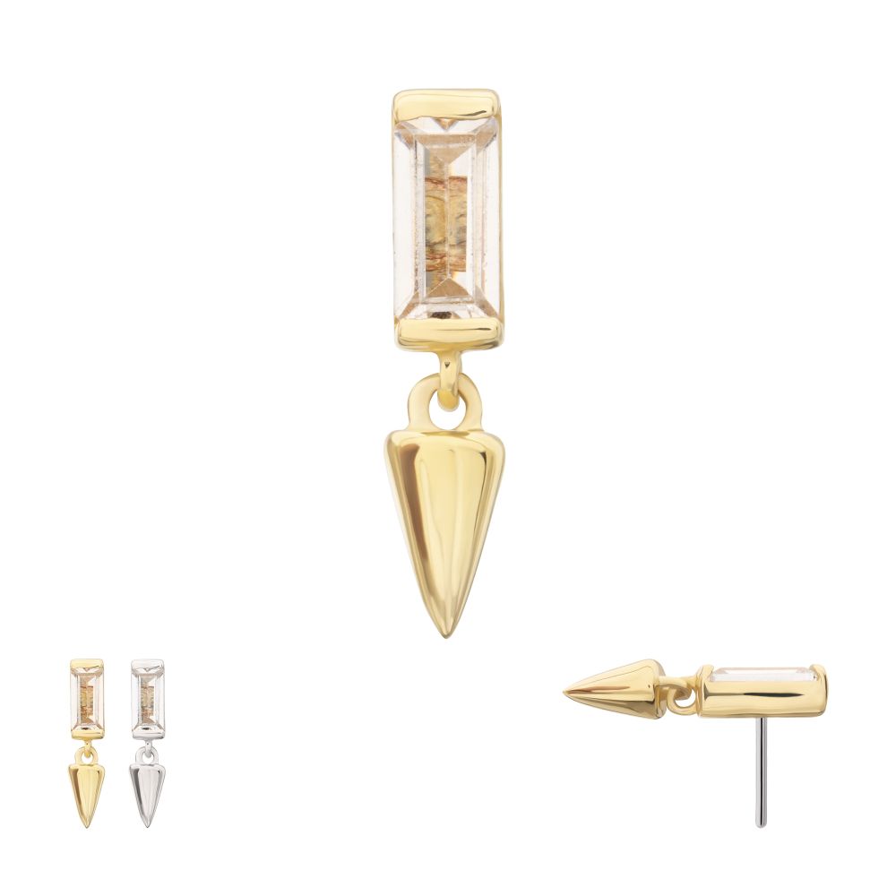 14Kt Gold Threadless Bezel Baguette Gem Top with Spike Dangle