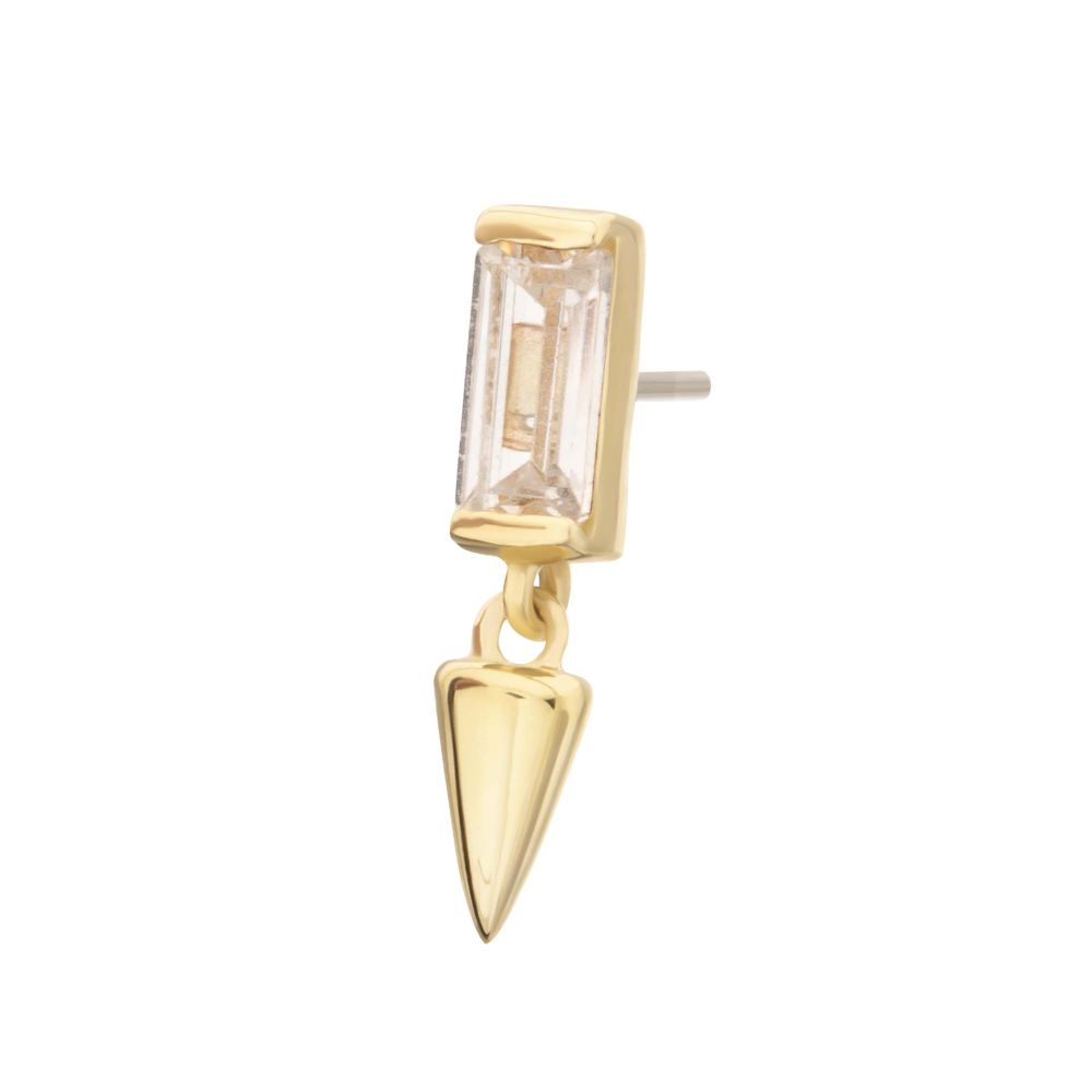 14Kt Gold Threadless Bezel Baguette Gem Top with Spike Dangle