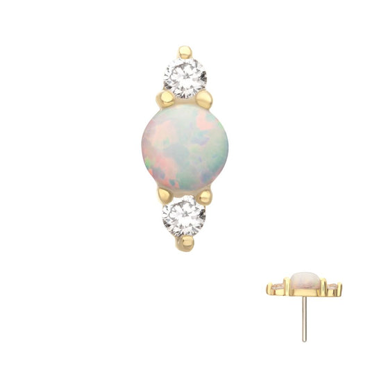 14Kt Yellow Gold Threadless Prong Set White Opal & Clear CZ CZ Gem Cluster Top