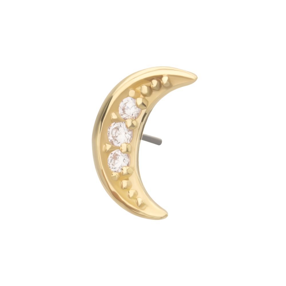 14Kt Gold Threadless Pave CZ Gem Crescent Moon Top