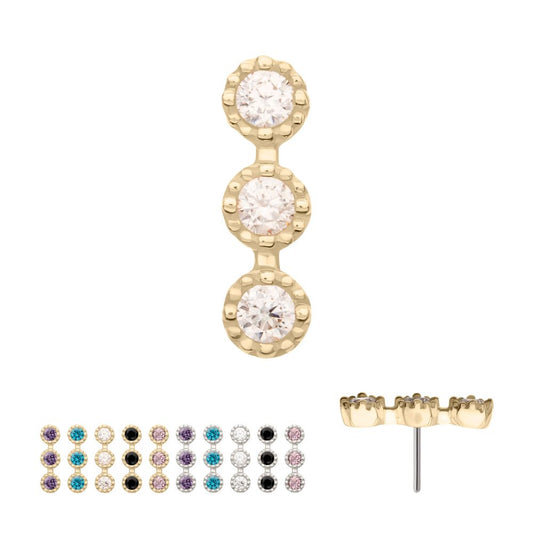 14Kt Gold Threadless Milgrain Edge Triple Cluster Bezel CZ Gem Top