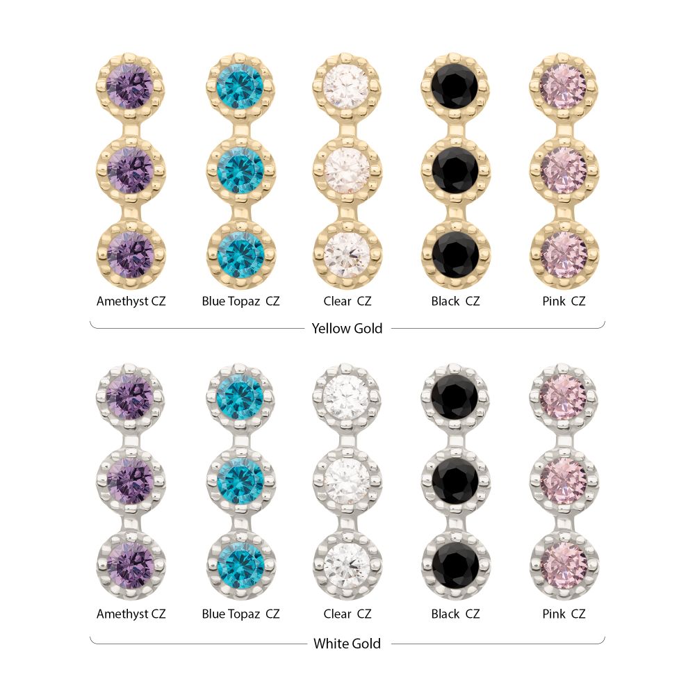 14Kt Gold Threadless Milgrain Edge Triple Cluster Bezel CZ Gem Top