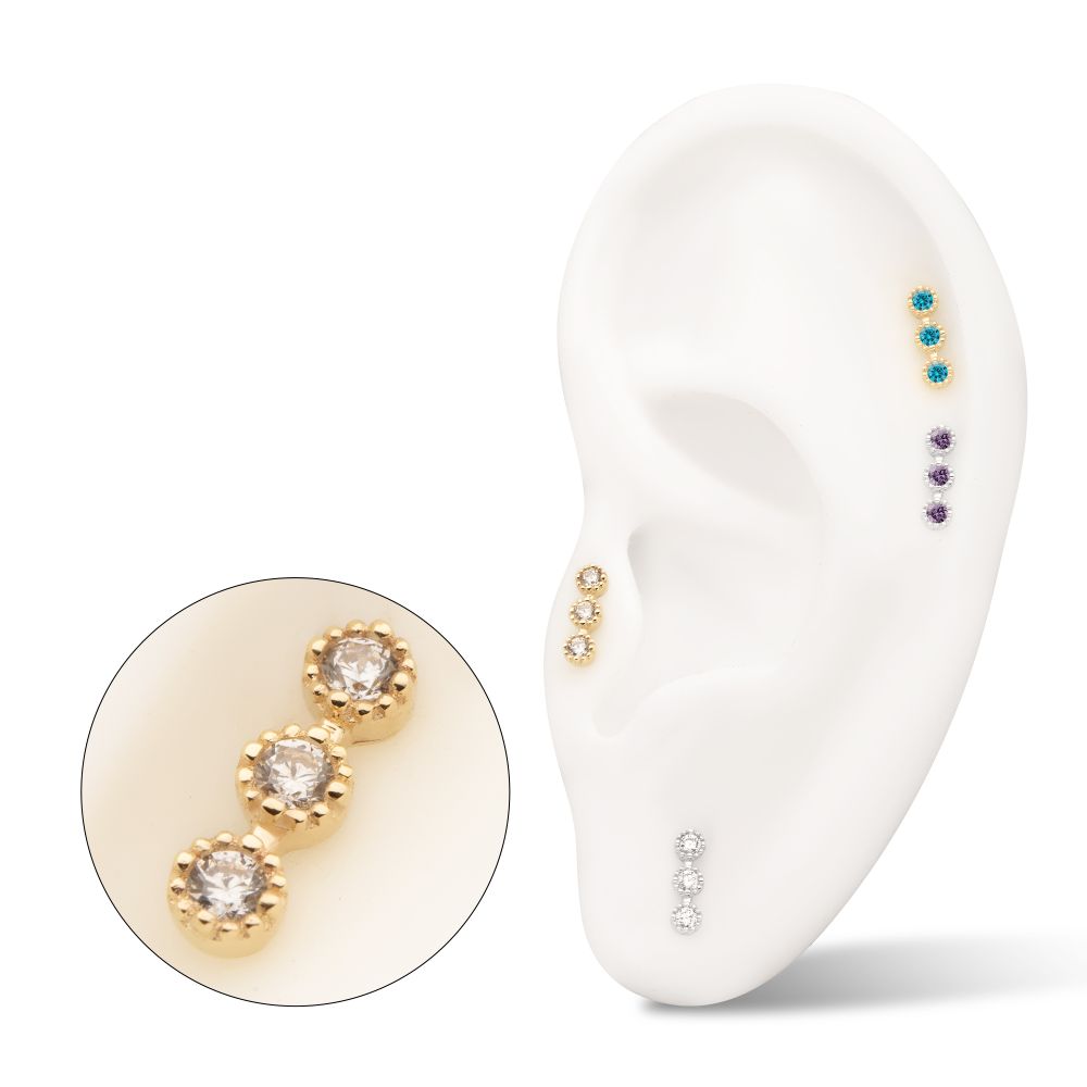 14Kt Gold Threadless Milgrain Edge Triple Cluster Bezel CZ Gem Top