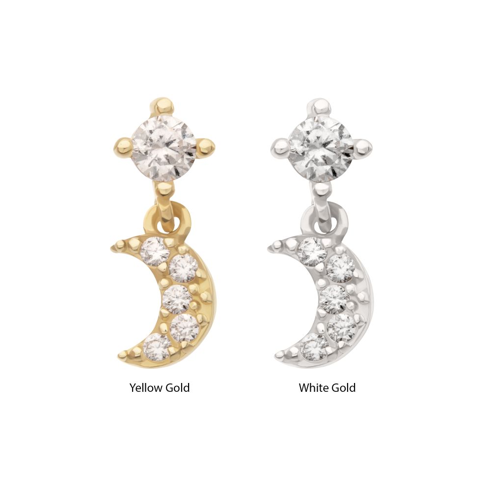 14Kt Gold Threadless 4-Prong CZ 2mm Gem Top with Pave CZ Gem Crescent Moon Dangle