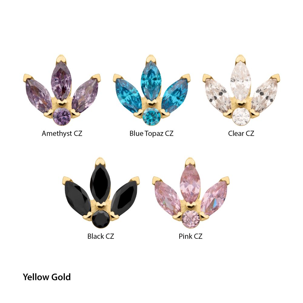 14Kt Gold Threadless Marquise Fan with Central Round CZ Gem Top