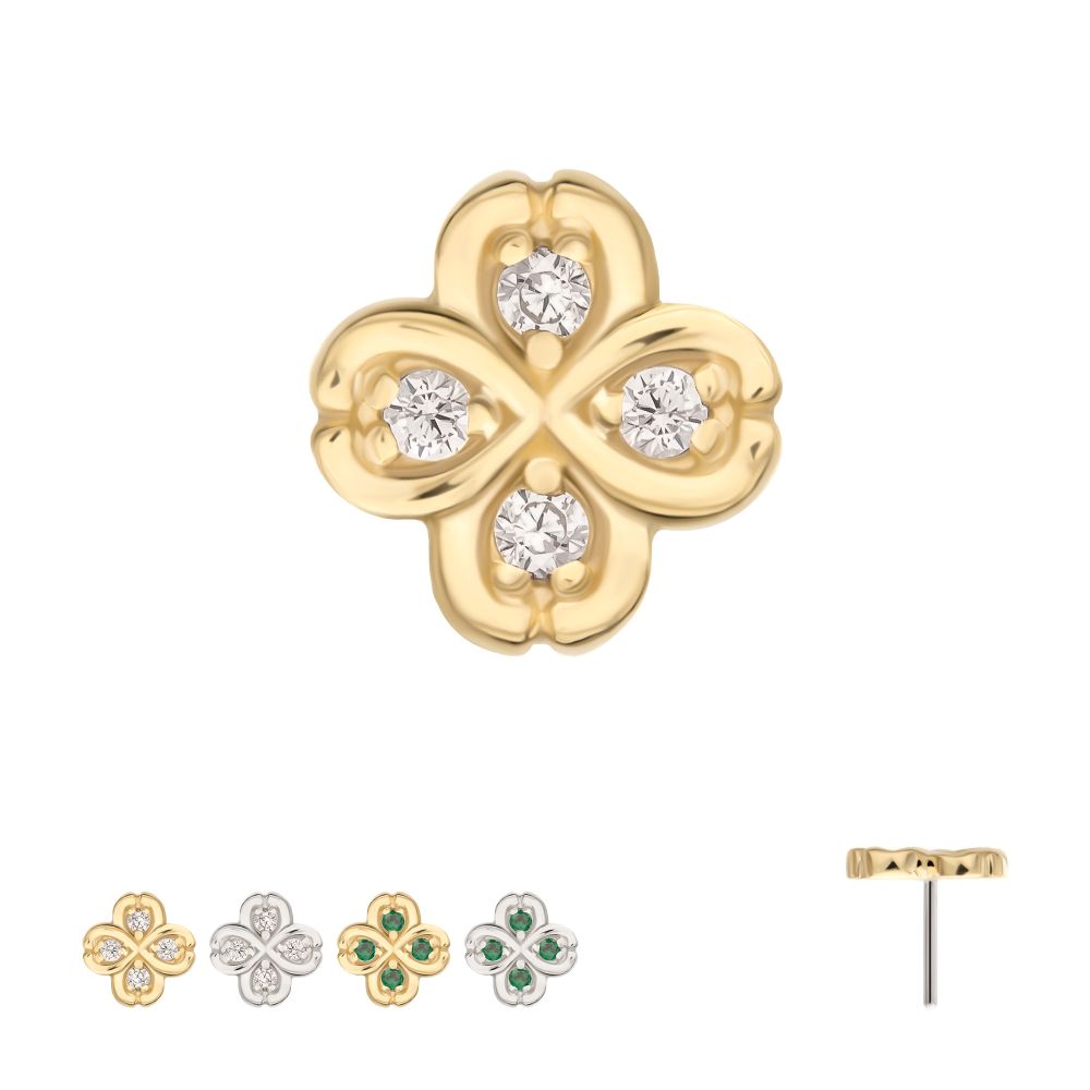 14Kt Gold Threadless 4 Leaf Clover with Prong Gem Accents Top