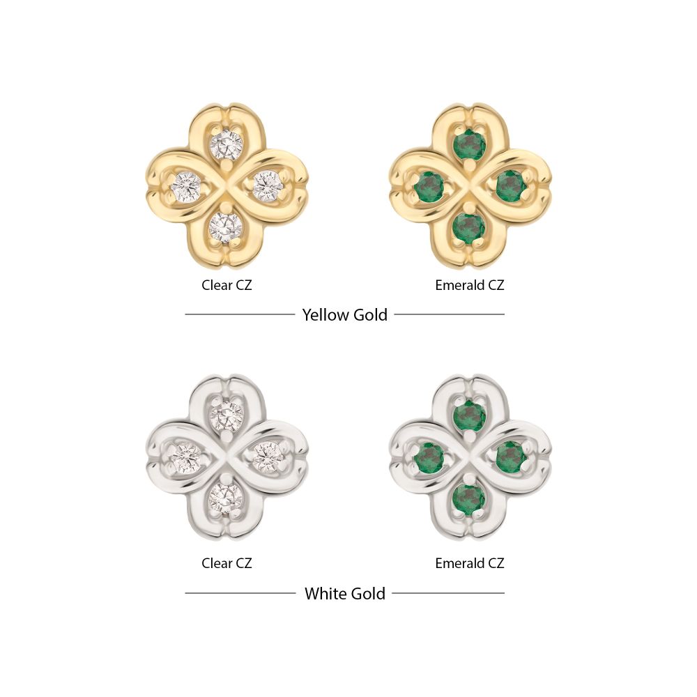 14Kt Gold Threadless 4 Leaf Clover with Prong Gem Accents Top