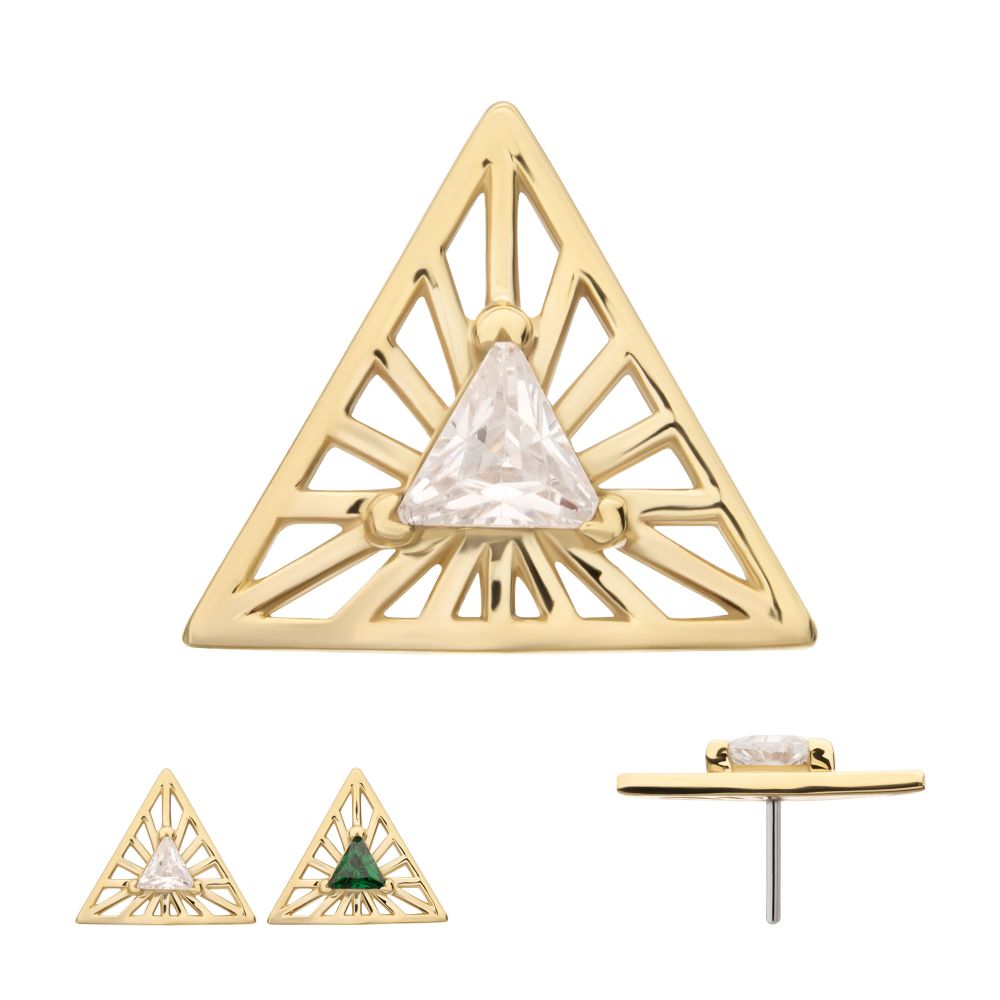 14Kt Yellow Gold Threadless Prong Set Triangle CZ Gem on a Radiant Triangle Shape Top