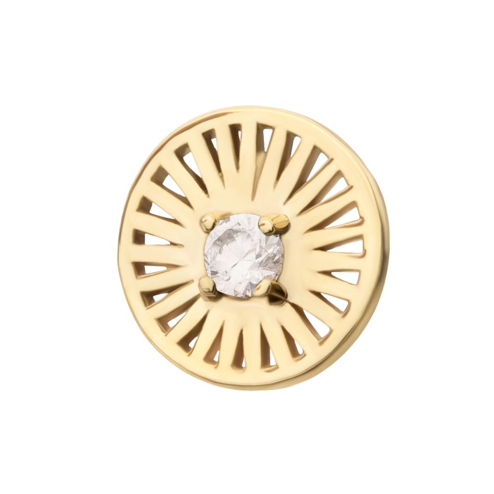 14Kt Yellow Gold Threadless Prong Set Round CZ Gem on a Radiant Round Shape Top