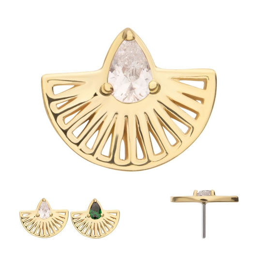 14Kt Yellow Gold Threadless Prong Set Teardrop CZ Gem on a Radiant Fan Shape Top