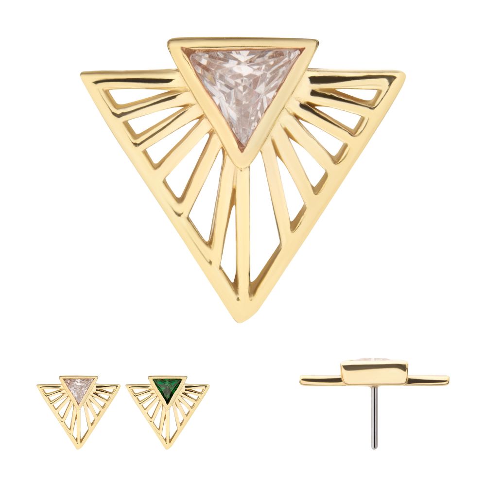14Kt Yellow Gold Threadless Bezel Set Triangle CZ Gem on a Radiant Triangle Shape Top