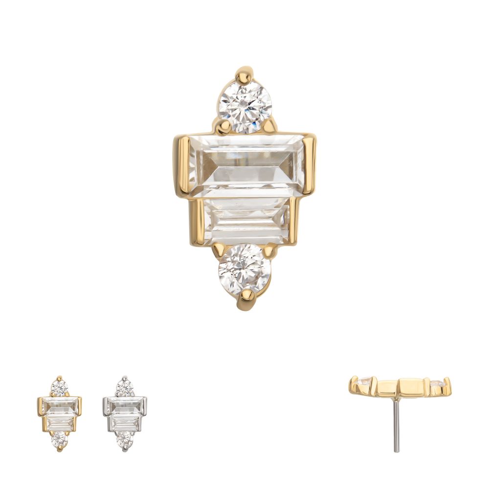 14Kt Gold Threadless 3D Geometric Baguette & Round Gem Top