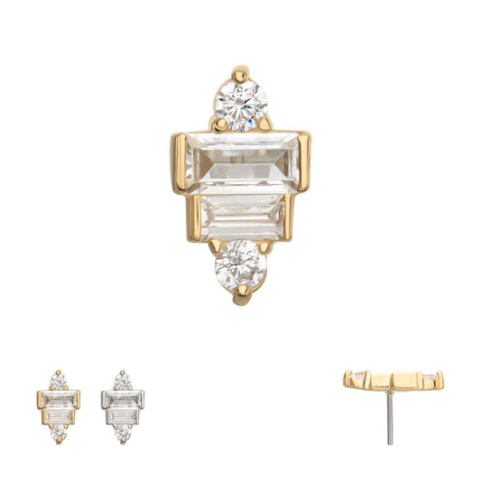 14Kt Gold Threadless 3D Geometric Baguette & Round Gem Top
