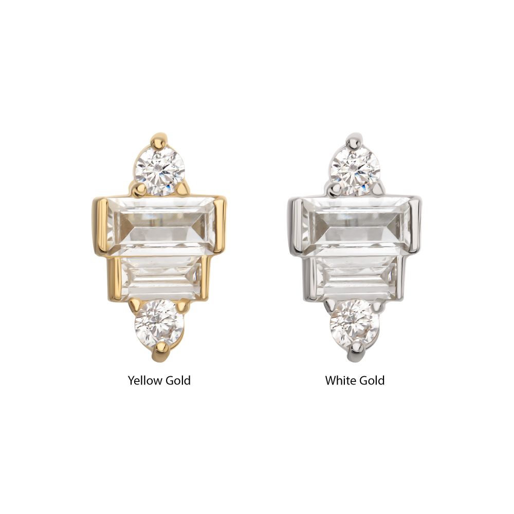 14Kt Gold Threadless 3D Geometric Baguette & Round Gem Top