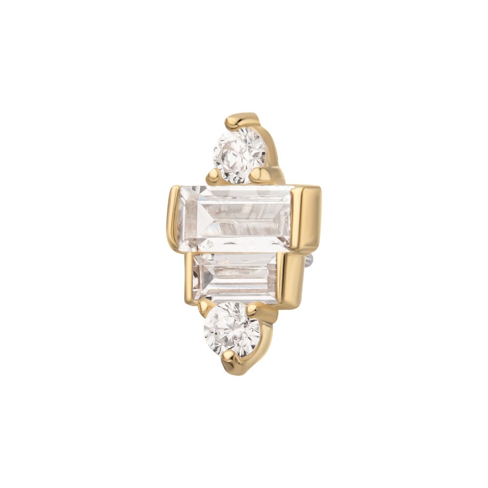 14Kt Gold Threadless 3D Geometric Baguette & Round Gem Top