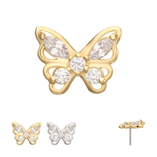 14Kt Gold Threadless 3D Butterfly Round & Marquise Gem Top