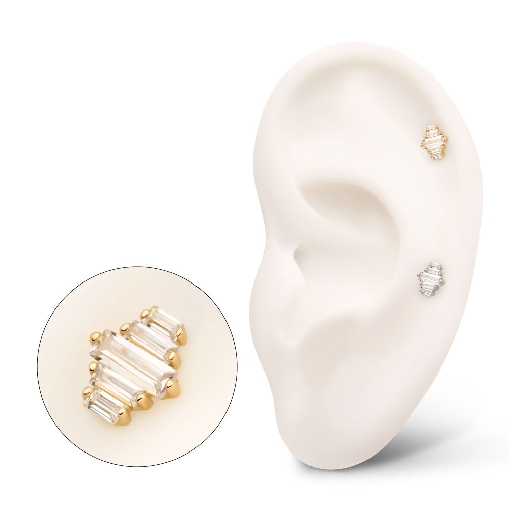 14Kt Gold Threadless 3D Geometric Baguette Gem Top