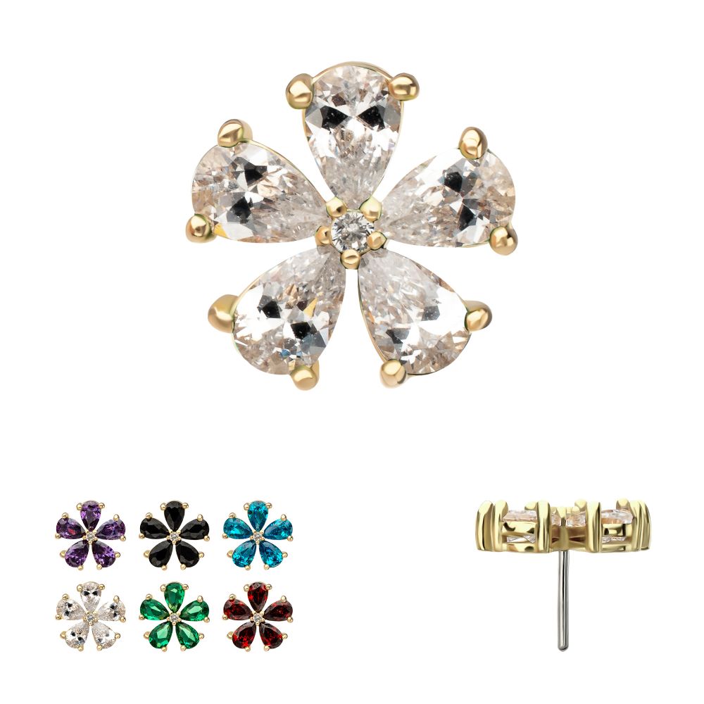 14Kt Yellow Gold Threadless Low Profile Prong Set 5-Teardrop Gem "Radiant Bloom Flower" Top