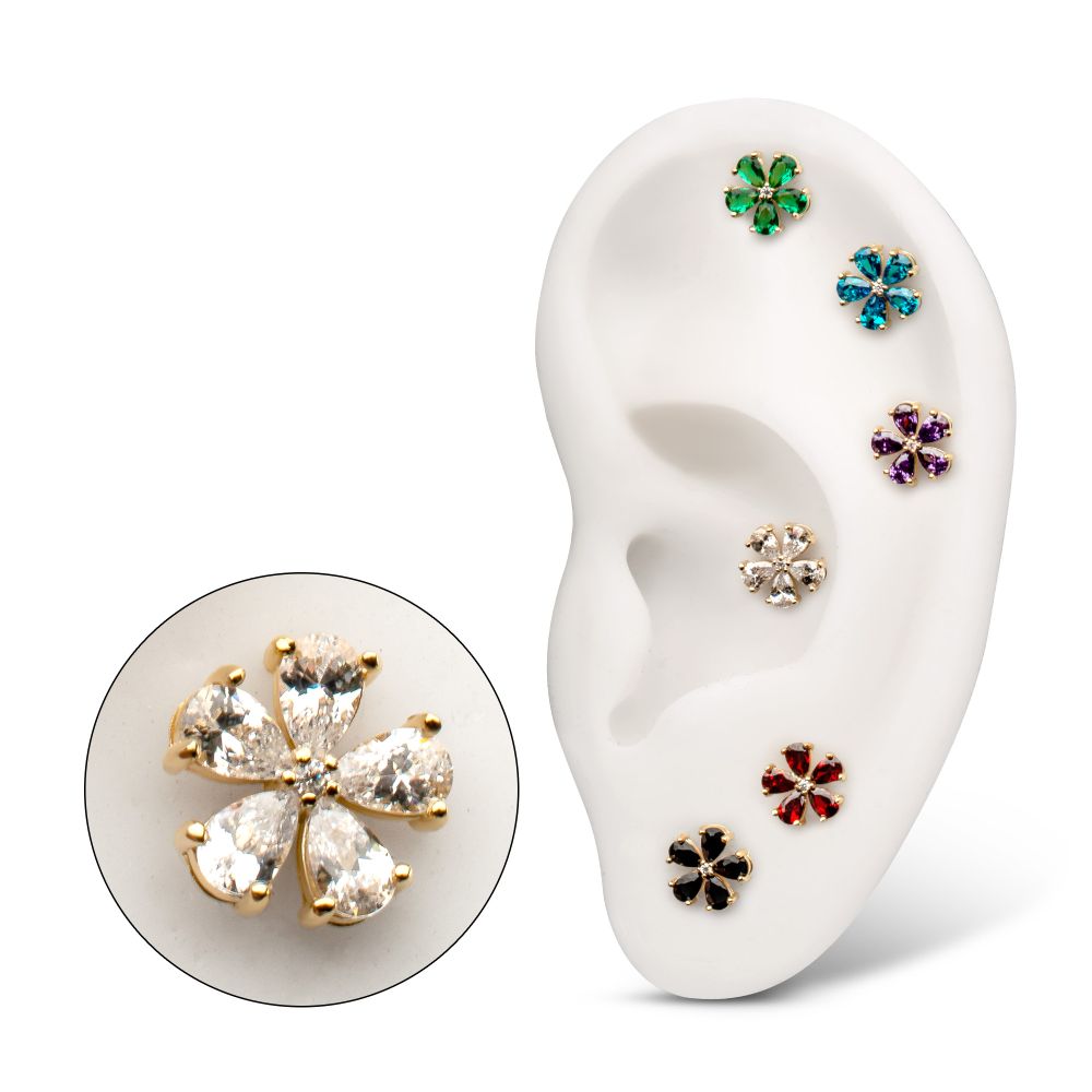 14Kt Yellow Gold Threadless Low Profile Prong Set 5-Teardrop Gem "Radiant Bloom Flower" Top