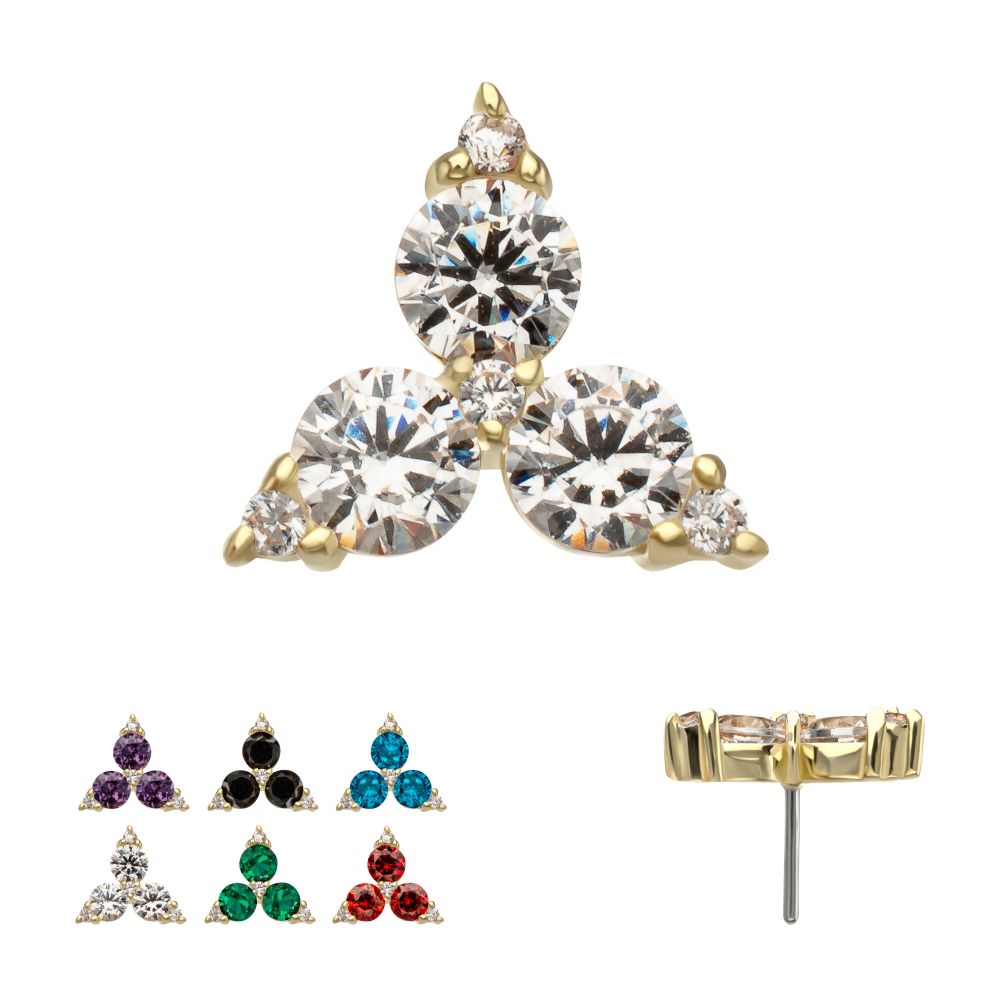 14Kt Yellow Gold Threadless Low Profile "Trinity Gem" Top Crowned with 3-Prong Gem