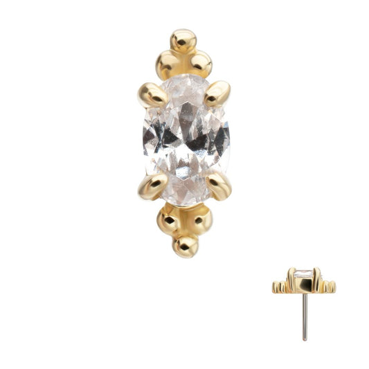 14Kt Yellow Gold Threadless Prong Set Oval Gem with Tri-bead Top