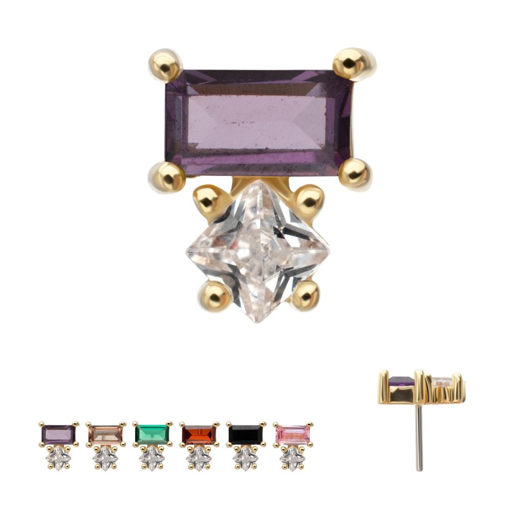14Kt Yellow Gold Threadless Baguette & Square Prong Set Multi-Gem Top