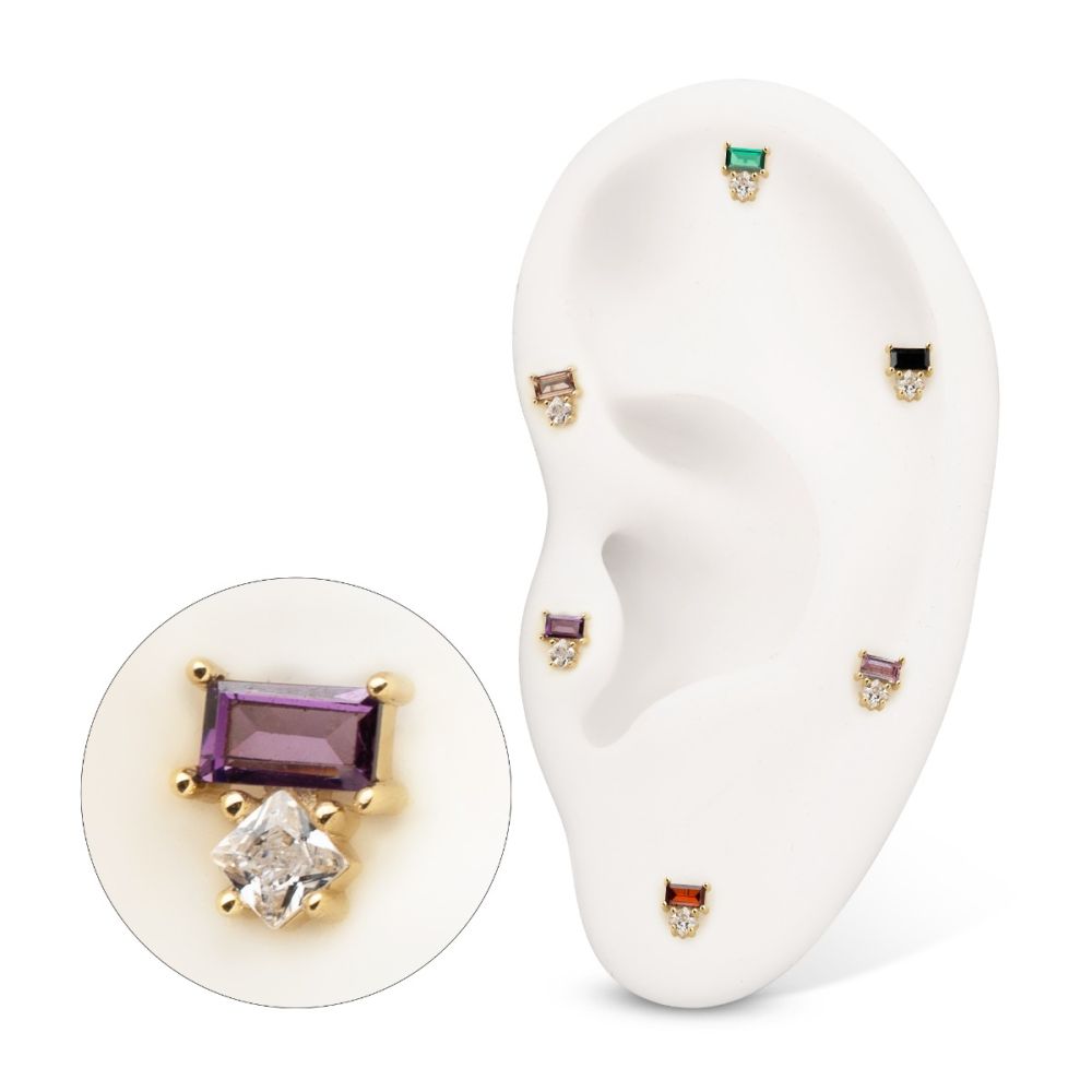 14Kt Yellow Gold Threadless Baguette & Square Prong Set Multi-Gem Top