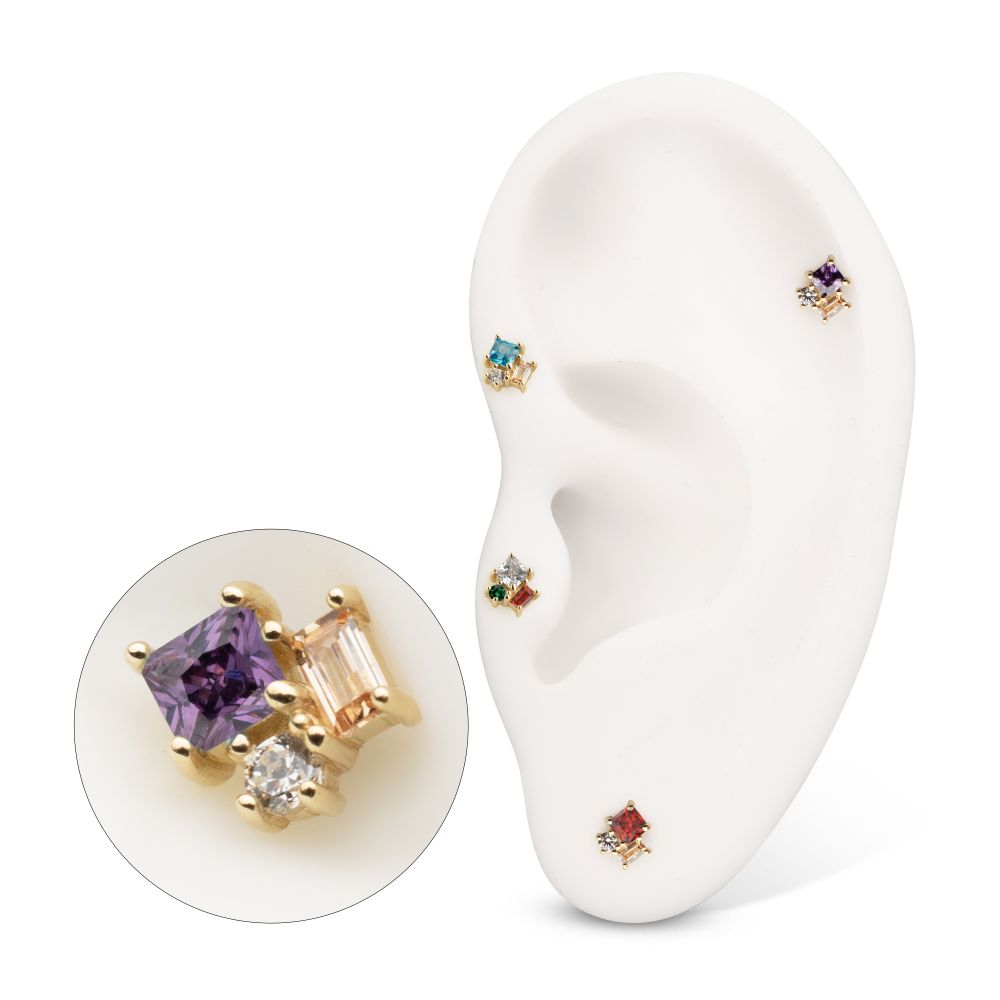 14Kt Yellow Gold Threadless 3-Cluster Round, Square & Baguette Prong Set Multi-Gem Top