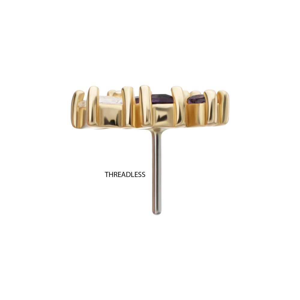 14Kt Yellow Gold Threadless 4-Staggered Baguette Cluster Prong Set Multi-Gem Top