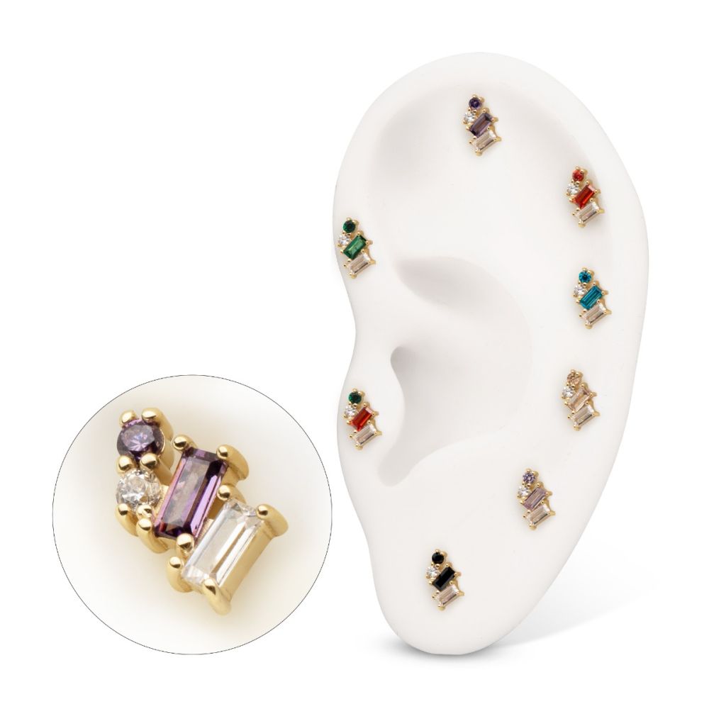 14Kt Yellow Gold Threadless 4-Staggered Baguette Cluster Prong Set Multi-Gem Top