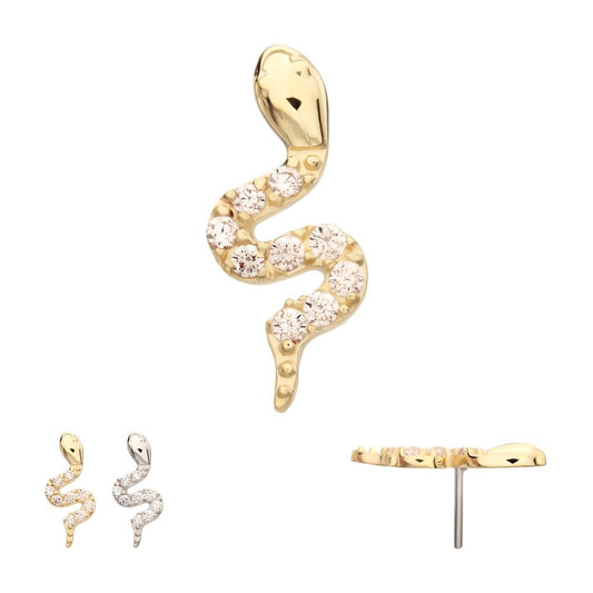 14Kt Gold Threadless Sculptural S-shaped Snake Top with 9 Pave Set Gem