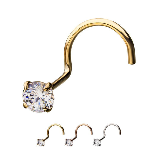 14kt Gold Nose Screw with a 3mm Clear CZ Gem Top