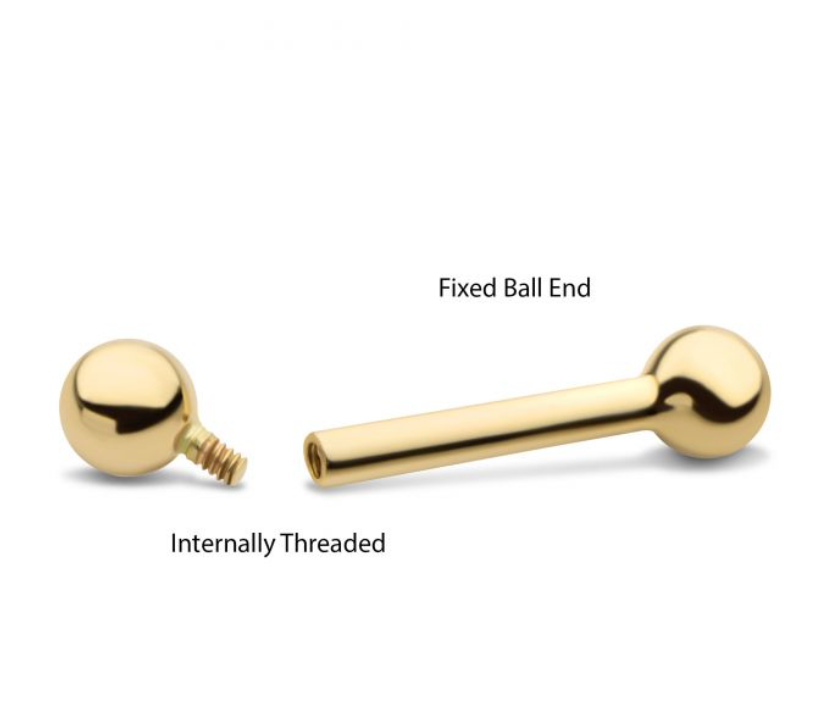 14Kt Yellow Gold Straight Barbell with One Side Internally Threaded and One Side Fixed Ball End