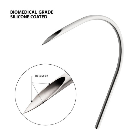 Tri-Beveled Ultra-Sharp Tips Biomedical-Grade Silicone Coated Piercing Curved Needles (50 needles per box)