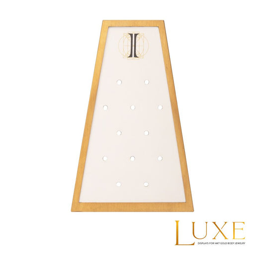 Satin Brass Frame on White Leatherette with 12-BJ Clip Hole Empty Display for 14Kt Gold Jewelry