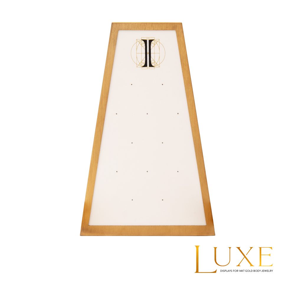 Satin Brass Frame on White Leatherette with 12-Pin Hole Empty Display for 14Kt Gold Threadless Tops