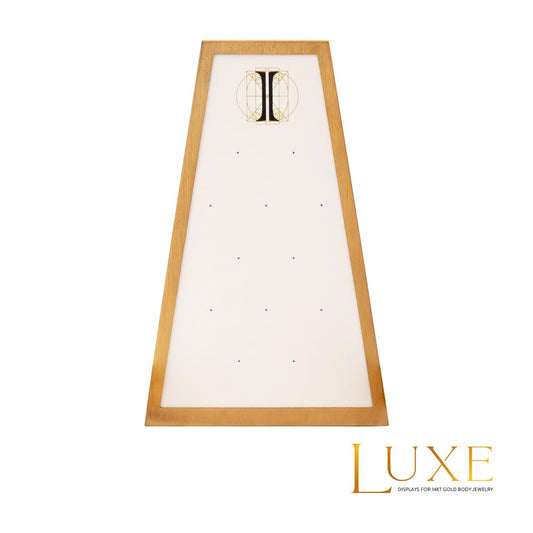 Satin Brass Frame on White Leatherette with 12-Pin Hole Empty Display for 14Kt Gold Threadless Tops