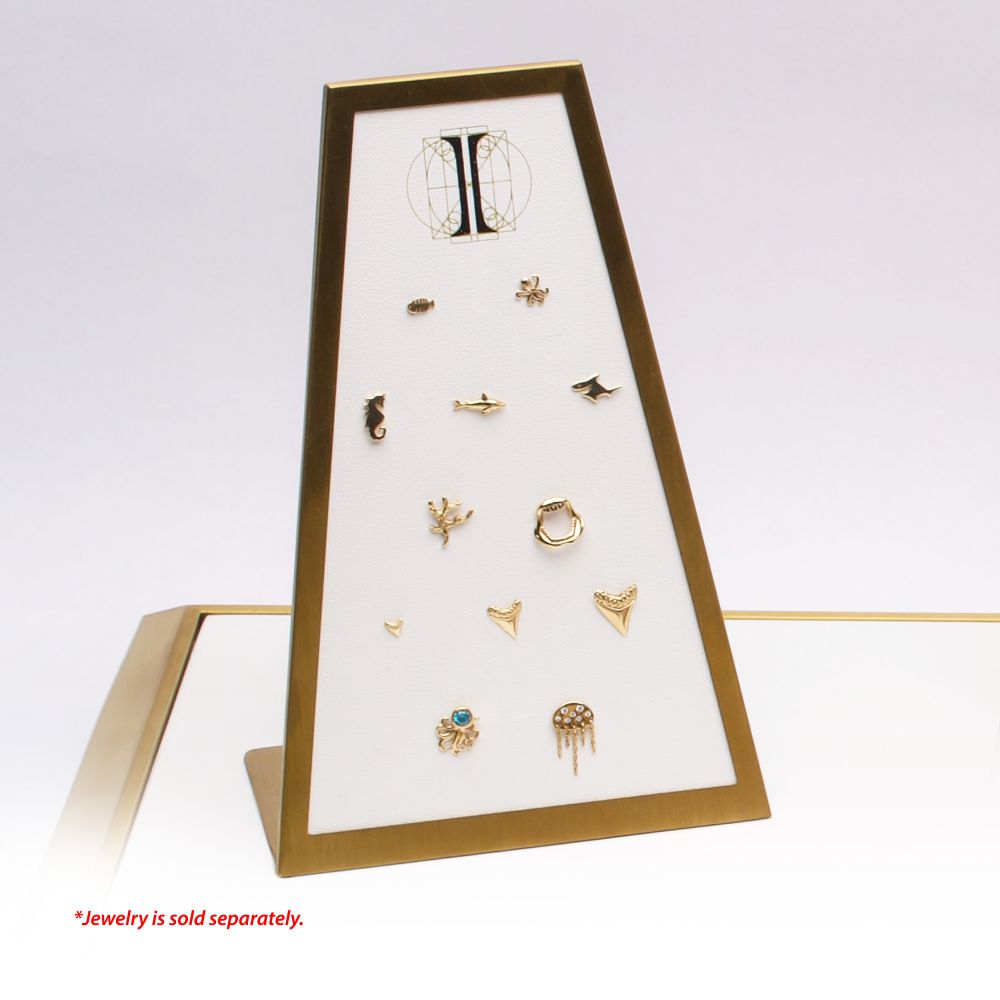 Satin Brass Frame on White Leatherette with 12-Pin Hole Empty Display for 14Kt Gold Threadless Tops