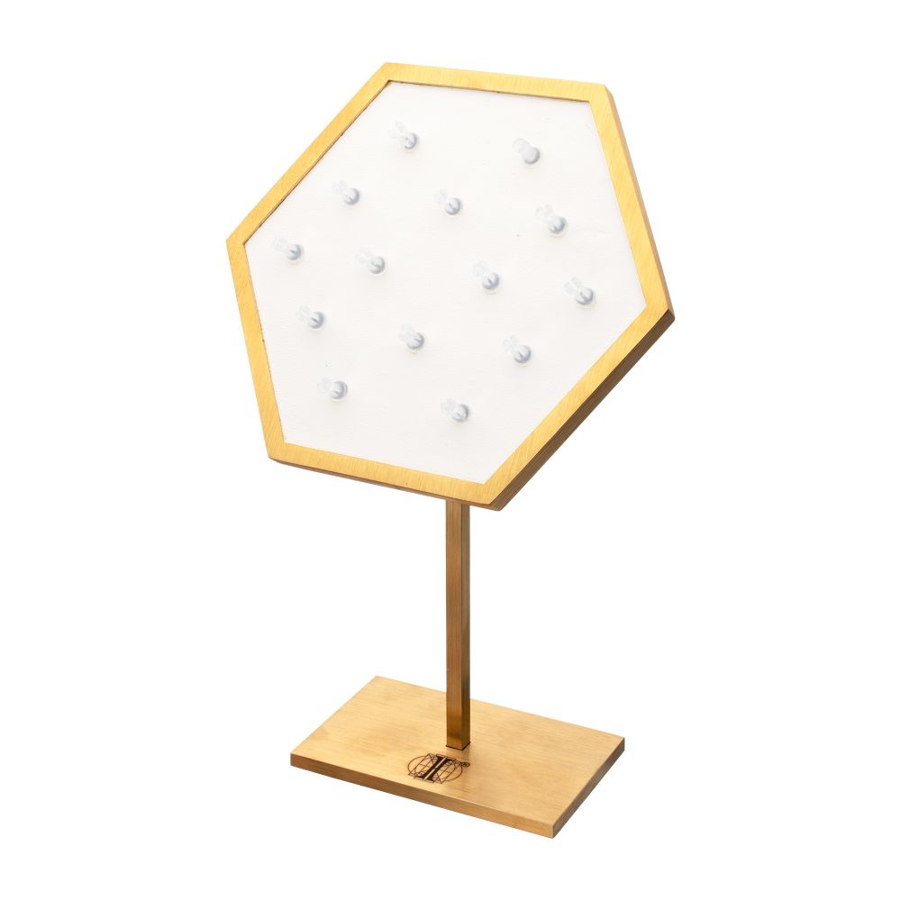 Satin Brass Hexagonal Frame on White Leatherette with 14-BJ Clip Hole Empty Display Stand for 14Kt Gold Jewelry