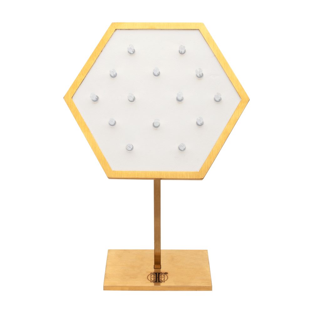 Satin Brass Hexagonal Frame on White Leatherette with 14-BJ Clip Hole Empty Display Stand for 14Kt Gold Jewelry