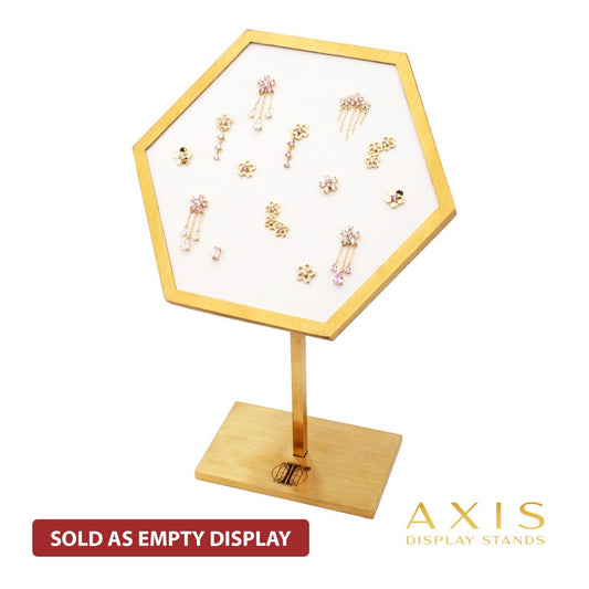 Satin Brass Hexagonal Frame on White Leatherette with 14-Pin Hole Empty Display Stand for 14Kt Gold Threadless Tops