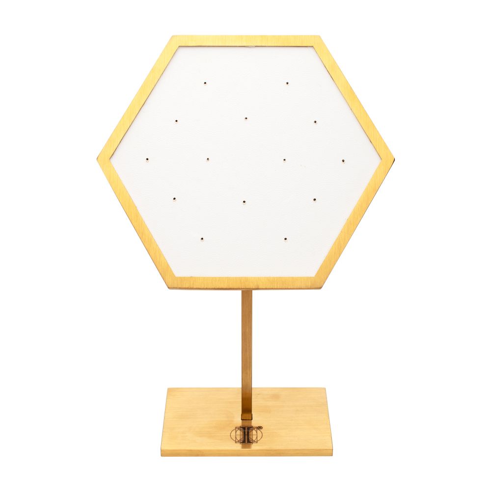 Satin Brass Hexagonal Frame on White Leatherette with 14-Pin Hole Empty Display Stand for 14Kt Gold Threadless Tops