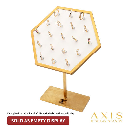 Satin Brass Hexagonal Frame on White Leatherette with 19-BJ Clip Hole Empty Display Stand for 14Kt Gold Jewelry