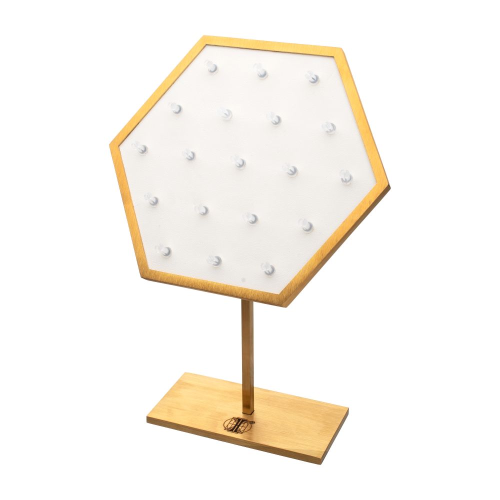 Satin Brass Hexagonal Frame on White Leatherette with 19-BJ Clip Hole Empty Display Stand for 14Kt Gold Jewelry