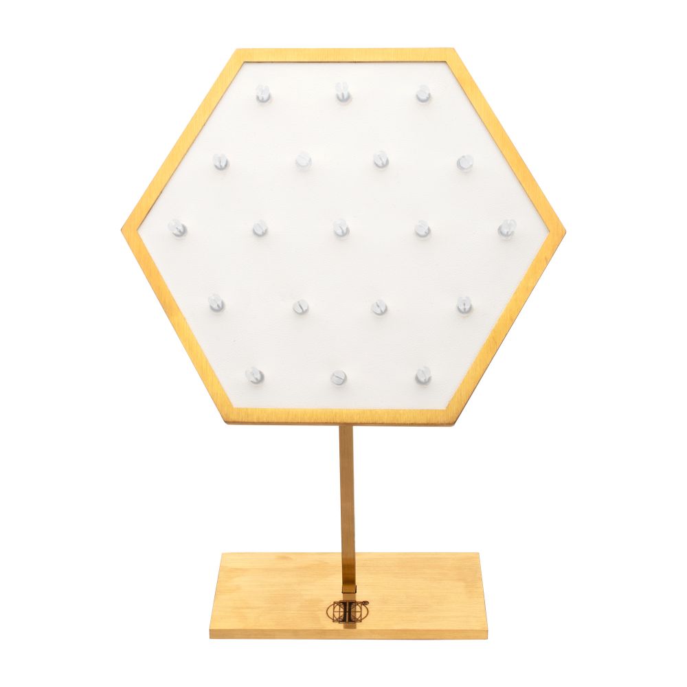Satin Brass Hexagonal Frame on White Leatherette with 19-BJ Clip Hole Empty Display Stand for 14Kt Gold Jewelry