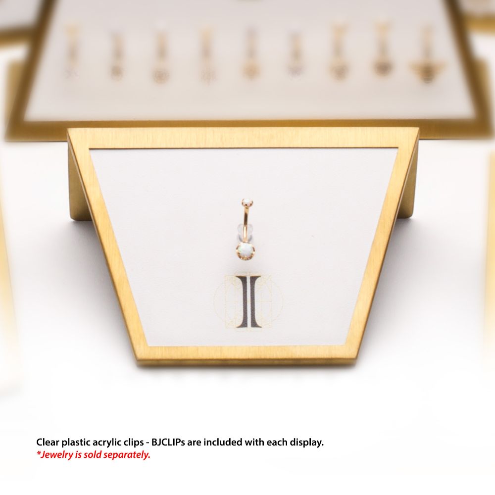 Satin Brass Frame on White Leatherette with 1-BJ Clip Hole Empty Display for 14Kt Gold Jewelry