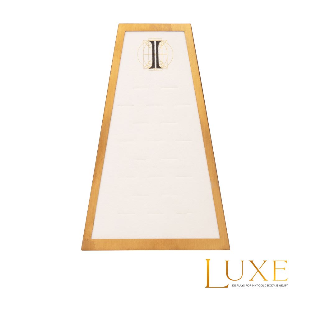 Satin Brass Frame on White Leatherette with 20-H Hole Empty Display for 14Kt Gold Side Facing Hinged Segment Clickers